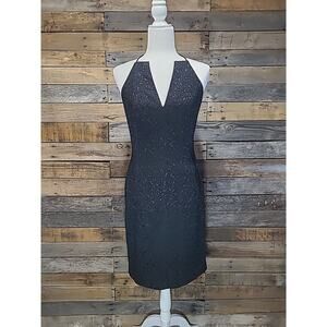 Vtg David Meister Dress Black Embossed Halter Top Evening Cocktail Open Back 4